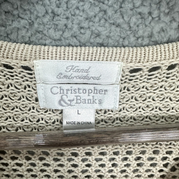 Christopher Banks Cardigan Sweater Women Medium Beige Open Knit Hand Embroidery - Picture 2 of 7